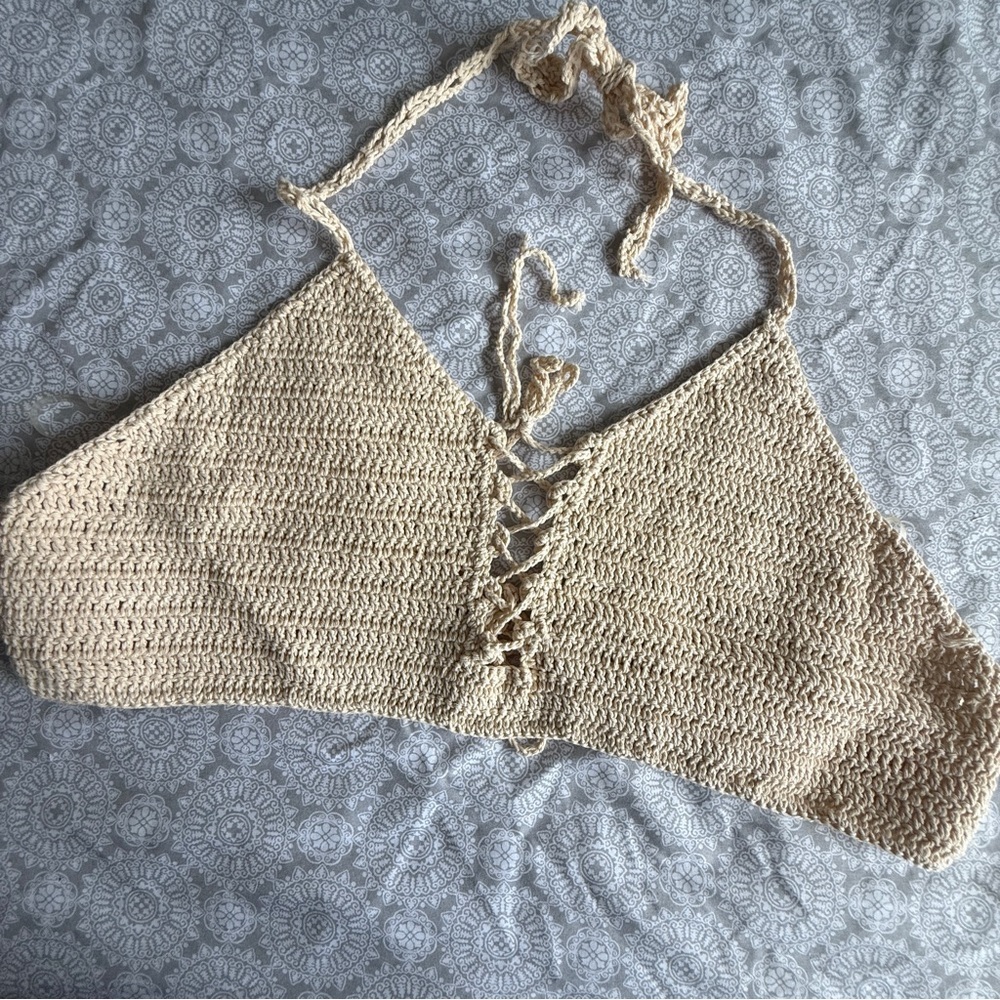 Hayden Los Angeles Natural Crochet Halter Bralette Top One Size New with Tags